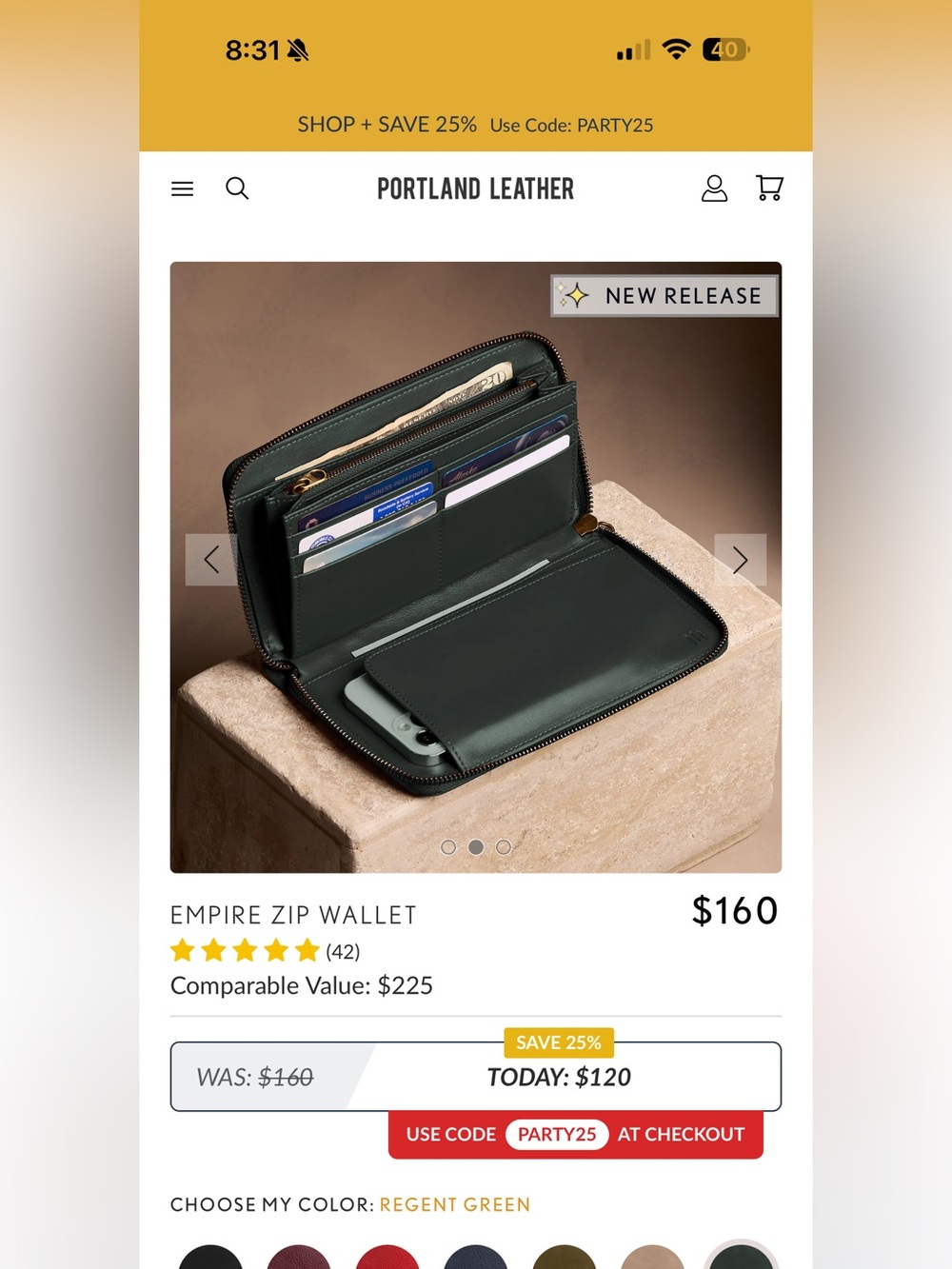 Kirkland Signature Zip-Around Wallet in Deep Green with Gold Hardware